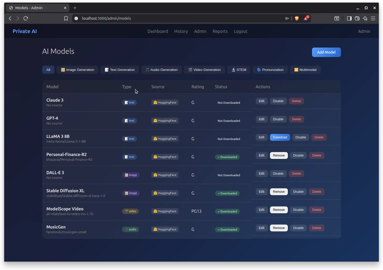 AI Models Management Interface
